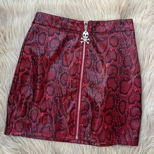 Faux leather red snakeskin mini skirt